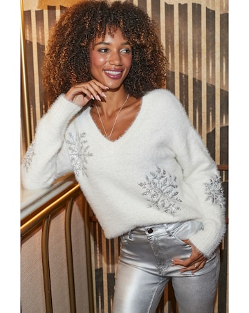 Sosandar Fluffy Sequin V Neck Jumper