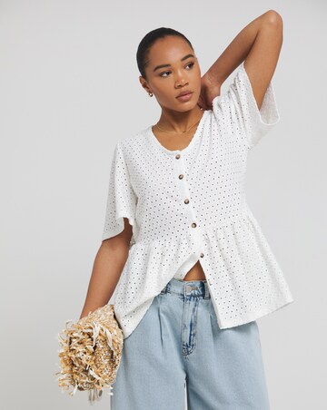 Ivory Broderie Button Through Peplum Hem Top