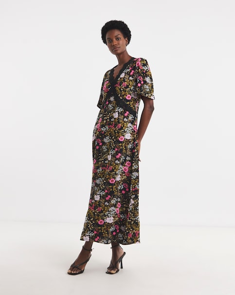 Lace Trim Tea Dress - Black Floral