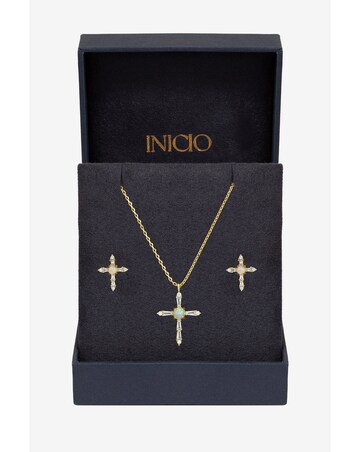 Inicio 14K Gold Plated Cubic Zirconia and Opal Cross Set - Gift Box