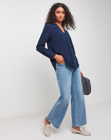 Womens Brushed Cotton V Neck Long Sleeve Blouse - Navy