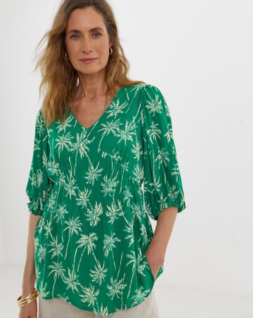 Crinkle V Neck Puff Sleeve Top