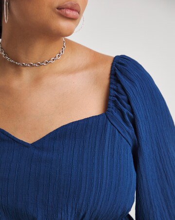 Navy Blue Textured Long Sleeve Sweetheart Neck Blouse