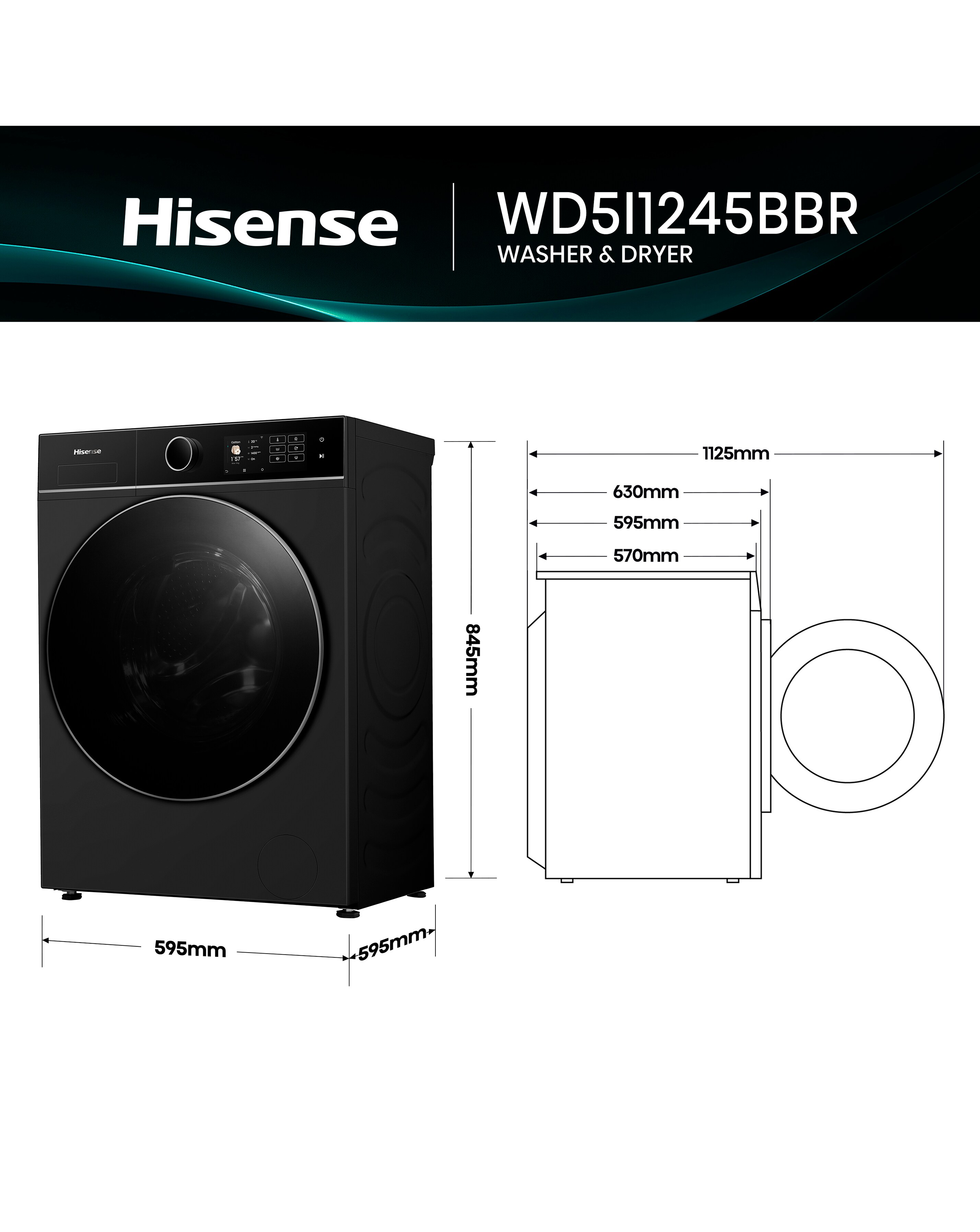 Hisense KitchenFit 5i Series WD5I1245BBR 12kg/8kg Washer Dryer