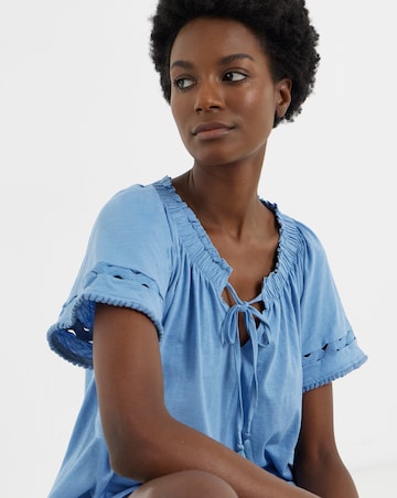 Ladder Insert Tie Neck Angel Sleeve Top