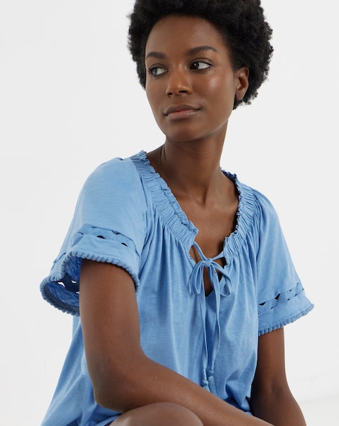 Blue Ladder Insert Tie Neck Angel Sleeve Top