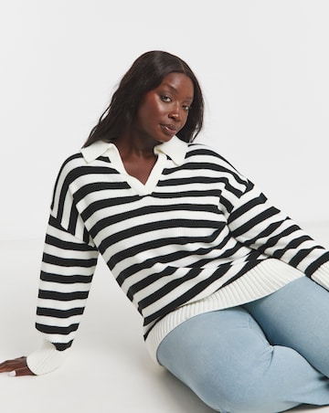 Simply Be Mono Stripe Collar Detail Jumper