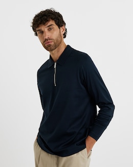 Folio Mercerised Supima Zip Long Sleeve Polo-Navy
