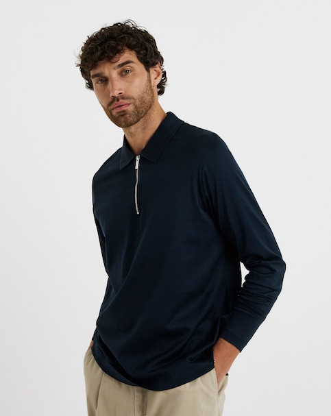 Folio Mercerised Supima Zip Long Sleeve Polo-Navy