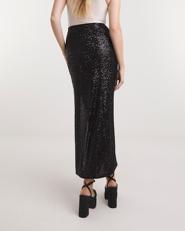 Black Sequin Side Split Midaxi Skirt