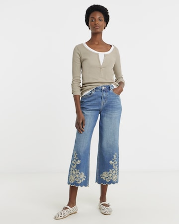 Blue Scallop Hem Broderie Crop Jeans