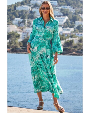 Sosandar Green Paisley Print Tiered Hem Maxi Shirt Dress