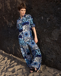 Blue Printed Spun Viscose Pull On Wide Leg Trousers