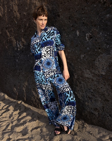 Blue Printed Spun Viscose Pull On Wide Leg Trousers