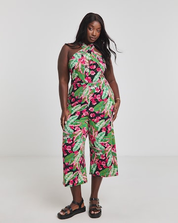 Tropical Floral Print Halter Neck Jumpsuit