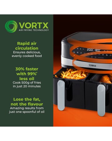 Tower 2x 4.5Litre 1600W Vortex Black Dual Basket Digital Air Fryer T17088