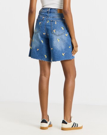 Mid Blue Fruit Embroidered Denim Bermuda Short
