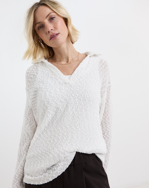 White Boucle V-Neck Collared Long Sleeve Top