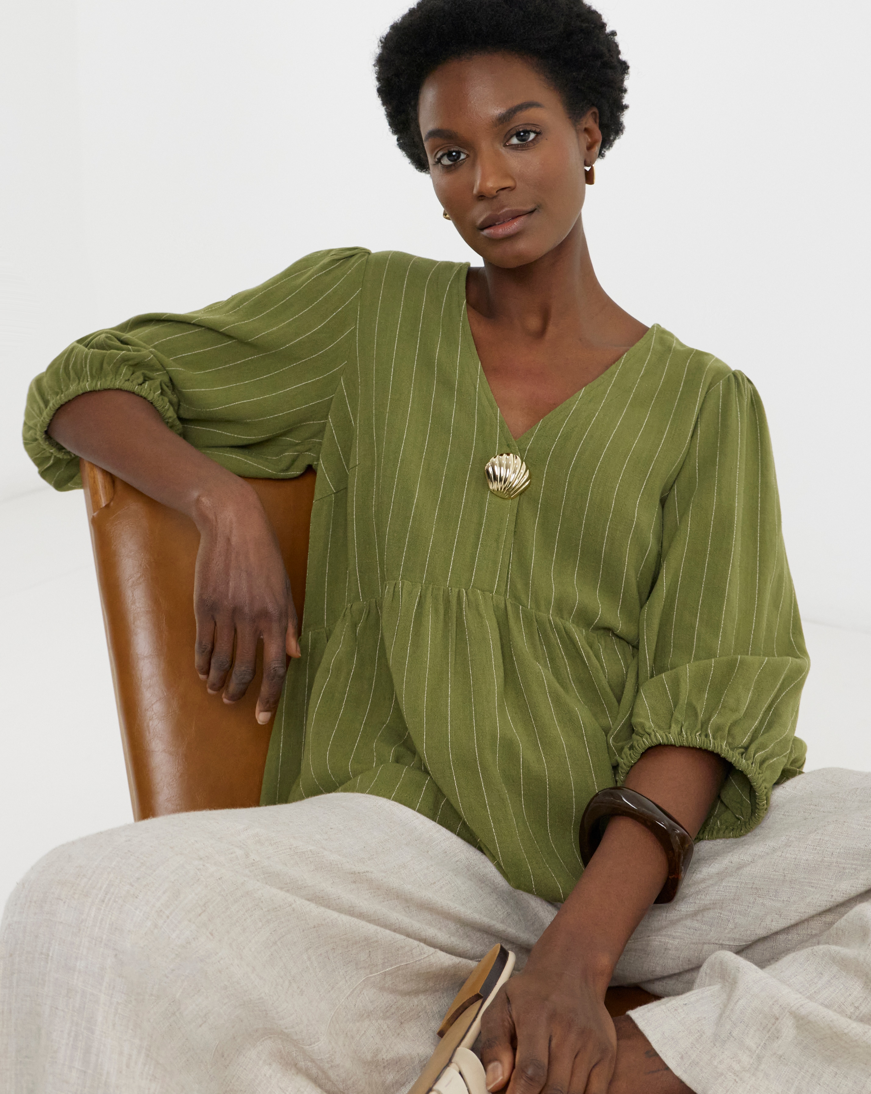 Puff Sleeve Shell Button Peplum Blouse | Ambrose Wilson