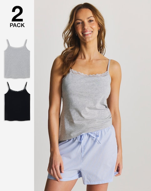 Pretty Secrets (2 Pack) Pyjama Sleep Vest Tops Black/Grey Marl