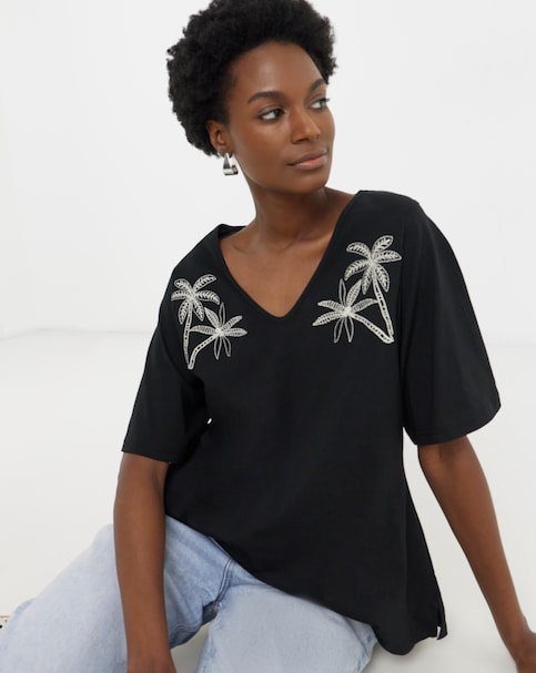 Black Embroidered Yoke Longline Top