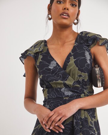 Joanna Hope Khaki Floral Chiffon Tiered Midi Dress