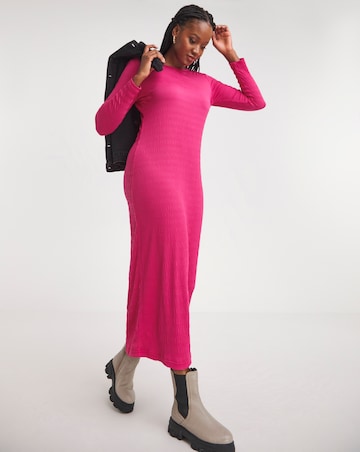 Pink Long Sleeve Textured Jersey Midi Dress
