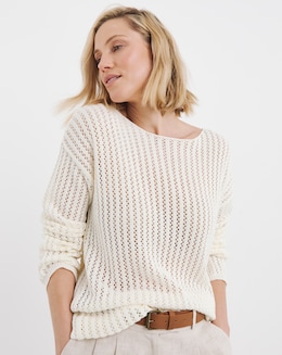 Ivory Long Sleeve Crew Neck Crochet Tunic