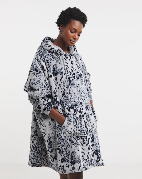 Oversized Leopard Print Fleece Hooded Lounge Dress