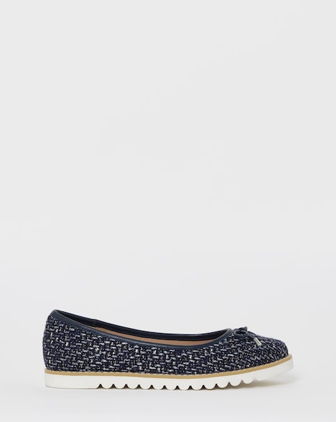 Cushion Walk Navy Bow Detail Boucle Ballerinas - Wide Fit (E)