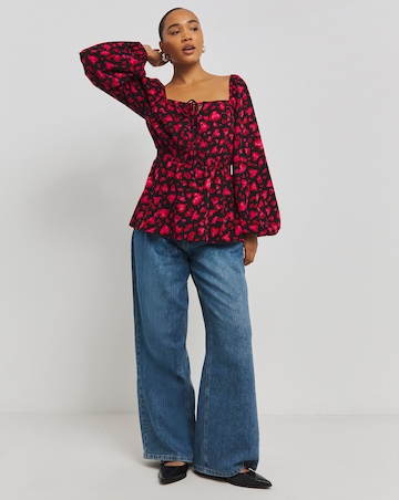 Pink Animal Print Square Neck Peplum Blouse With Elasticated Waist