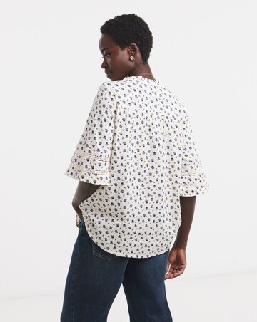 Printed Pure Cotton Seersucker Trim Short Sleeve Blouse