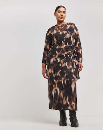 Brown Blur Print Wrap Front Mesh Midi Dress
