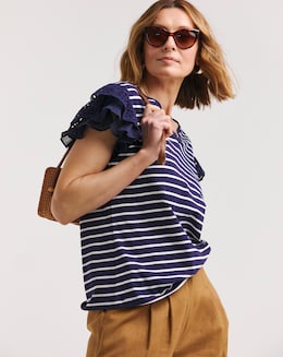 Plisse &amp; Broderie Sleeve V Neck Top