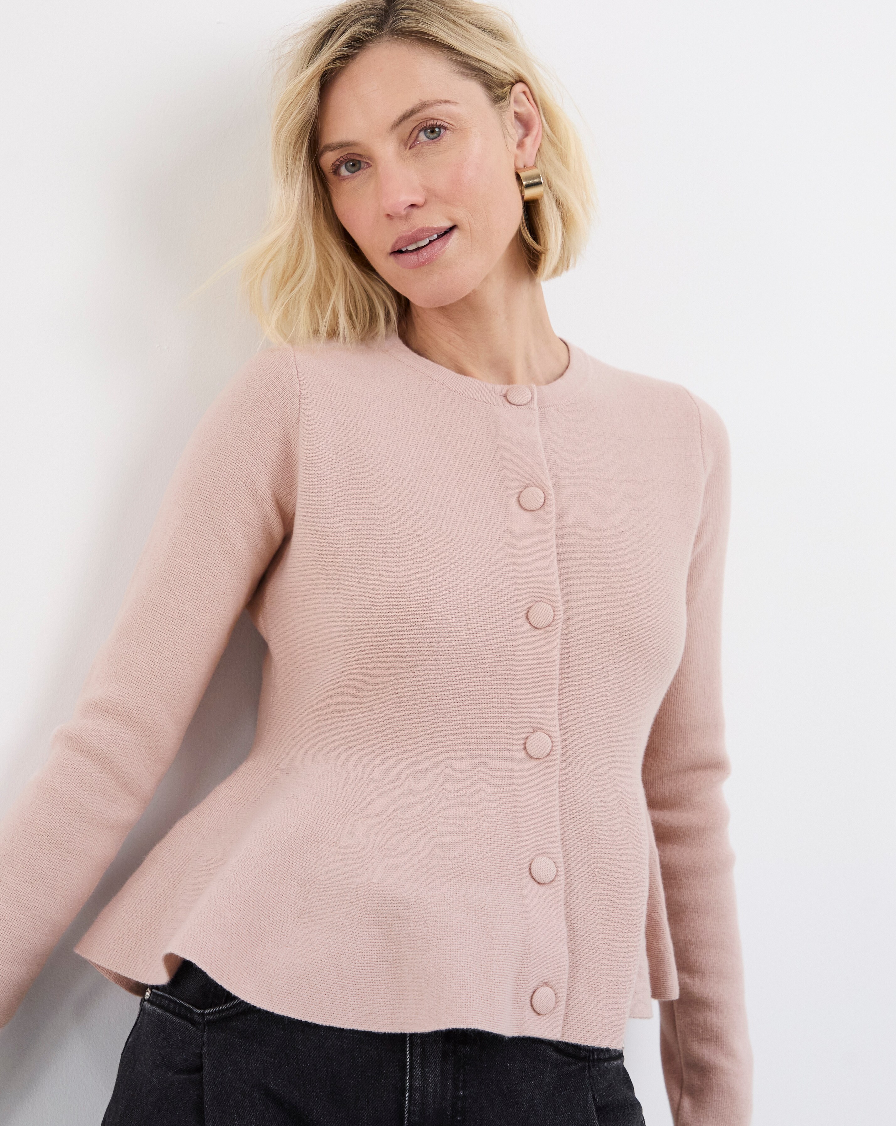 Round Neck Peplum Cardigan | Ambrose Wilson