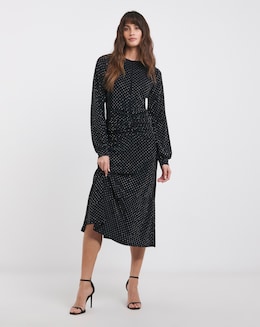 Metallic Ruched Long Sleeve Dress