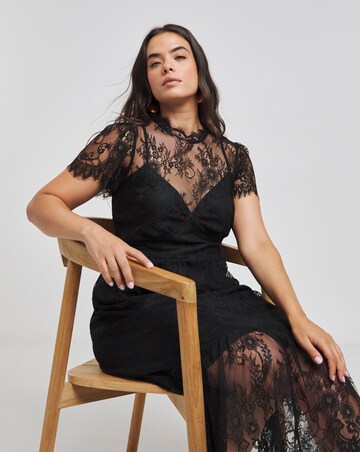 Lovedrobe Black Lace Tiered Hem Midaxi Dress