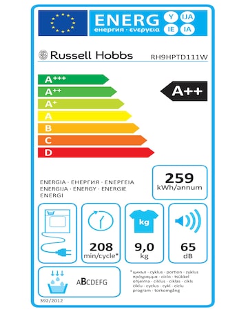Russell Hobbs RH9HPTD111W, 9kg, Heat Pump Tumble Dryer - White