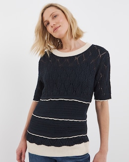 Contrast Trim Crochet Short Sleeve Jumper