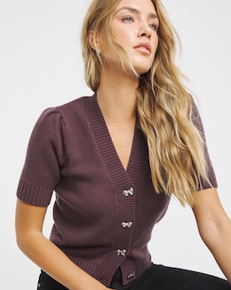 Simply Be Burgundy Bow Button Short Sleeve Cardigan