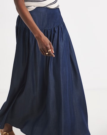 Dark Blue Pull On Tiered Lyocell Denim Maxi Skirt