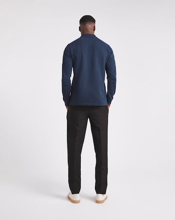 Pure Cotton Long Sleeve Pique Polo Long Length- Navy