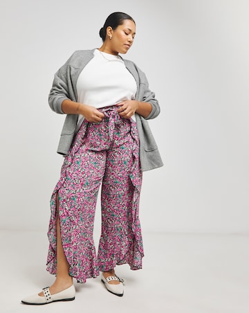 Ditsy Print Tie Ruffle Front Split Trousers