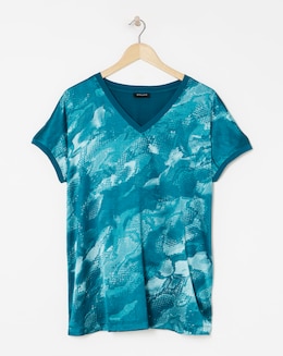 V Neck Printed Satin Front Longline Top