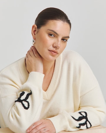 Simply Be Cream Bow Sleeve V Neck Longline Jumper