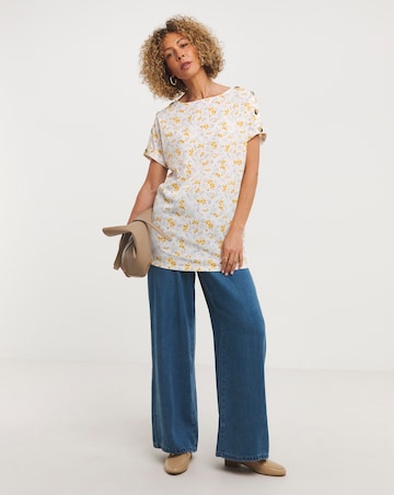 Yellow Floral Short Sleeve Longline Boxy Top With Mock Horn Buttons