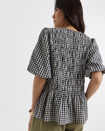 Shirred Gingham V Neck Peplum Blousey