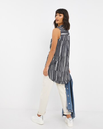 Abstract Mono Stripe Sleeveless Dipped Back Viscose Shirt
