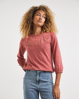Rosewood Short Sleeve Embroidered Insert Ladder Trim Cotton Top