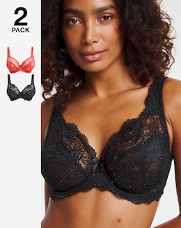 Pretty Secrets (2 Pack) Ella Lace Full Cup Wired Bras (B-J) Black Sparkle/Red